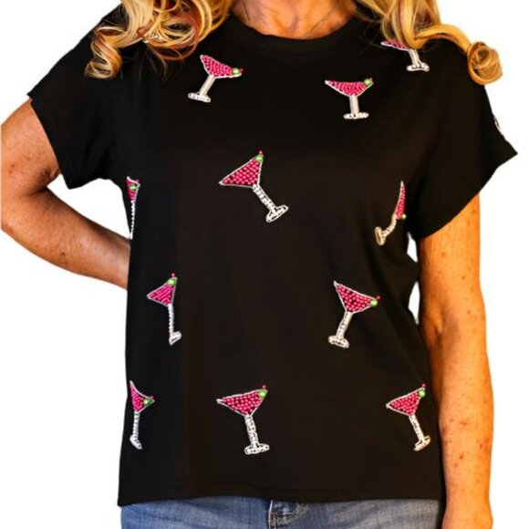 NWT Queen Of Sparkles Black & Pink Scattered Pearl Cosmo Tee - Picture 3 of 7